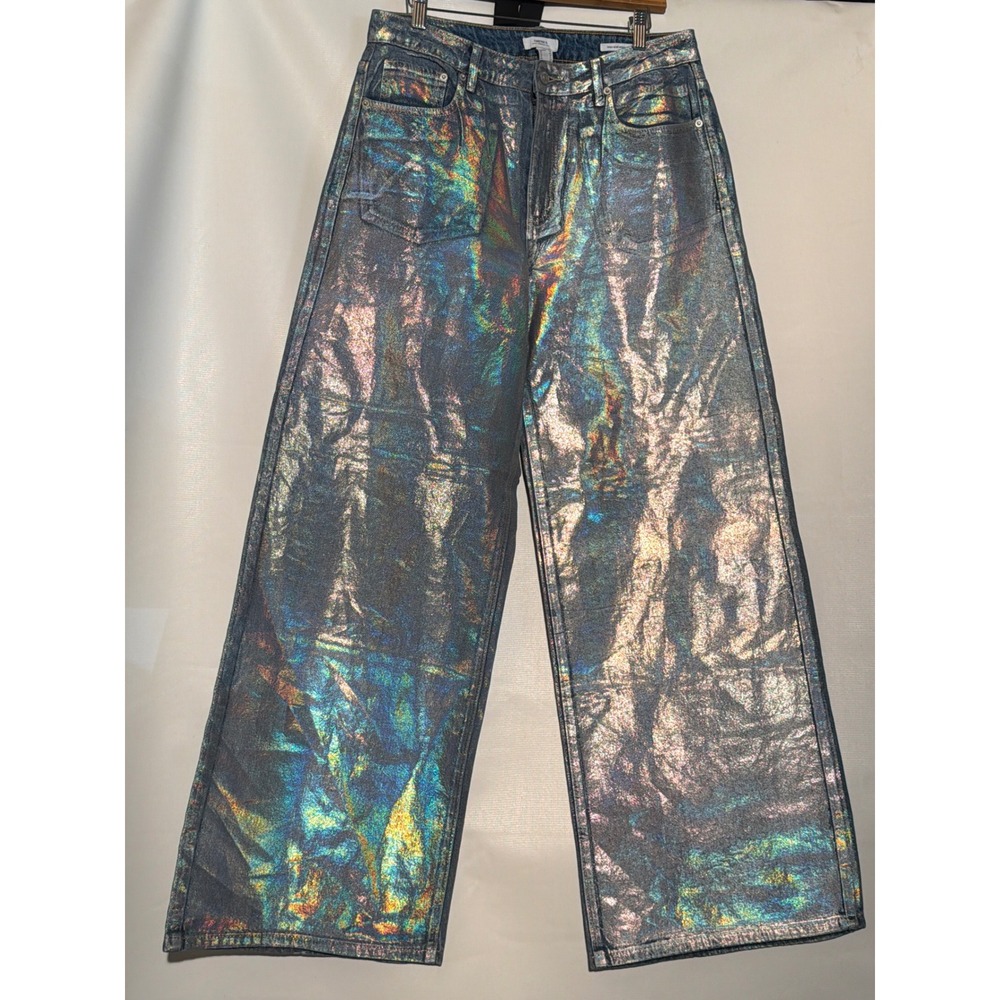 Women's Holographic Wide Leg Jeans 29 High Rise Iridescent Blue Gold Metallic - Picture 2 of 6